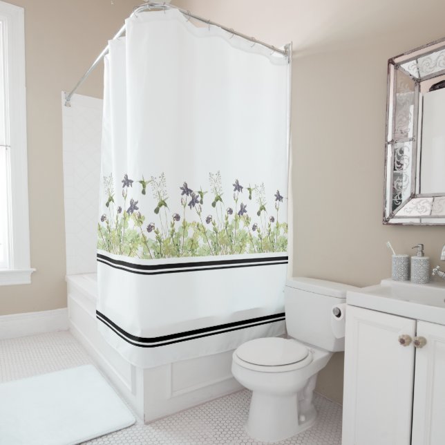 Hummingbird Birds Columbine Flowers Shower Curtain (In Situ)
