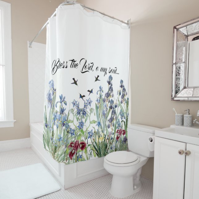 Hummingbird Birds Iris Flower Christian Shower Curtain (In Situ)