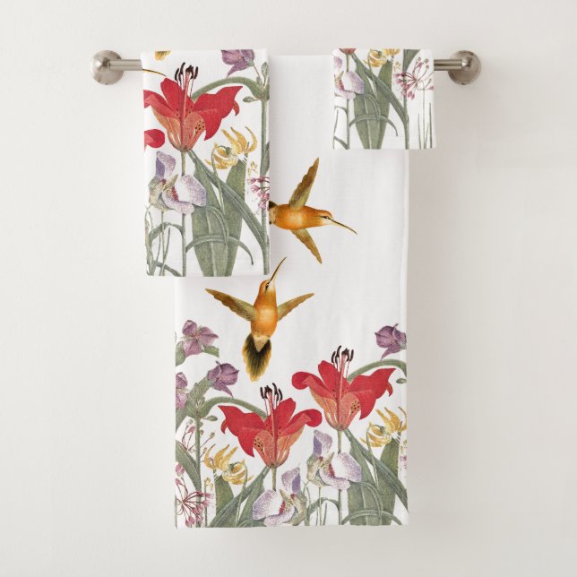 Hummingbird Birds Lily Flowers Bath Towel Set (Insitu)