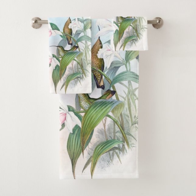 Hummingbird Birds Orchid Flowers Bath Towel Set (Insitu)