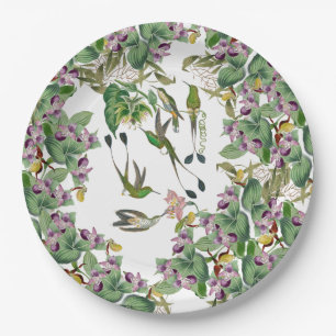 Hummingbird Birds Orchid Flowers Paper Plate