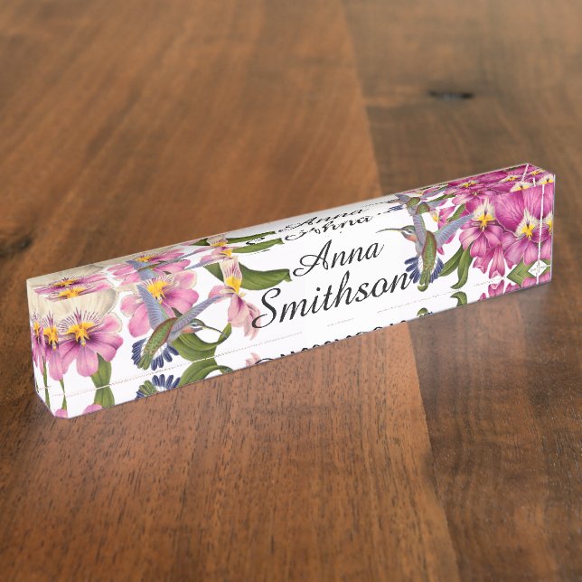 Hummingbird Birds Pansy Orchid Flowers Floral Name Plate (Side)