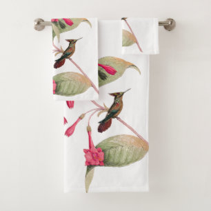 Hummingbird Birds Pink Flowers Bath Towel Set