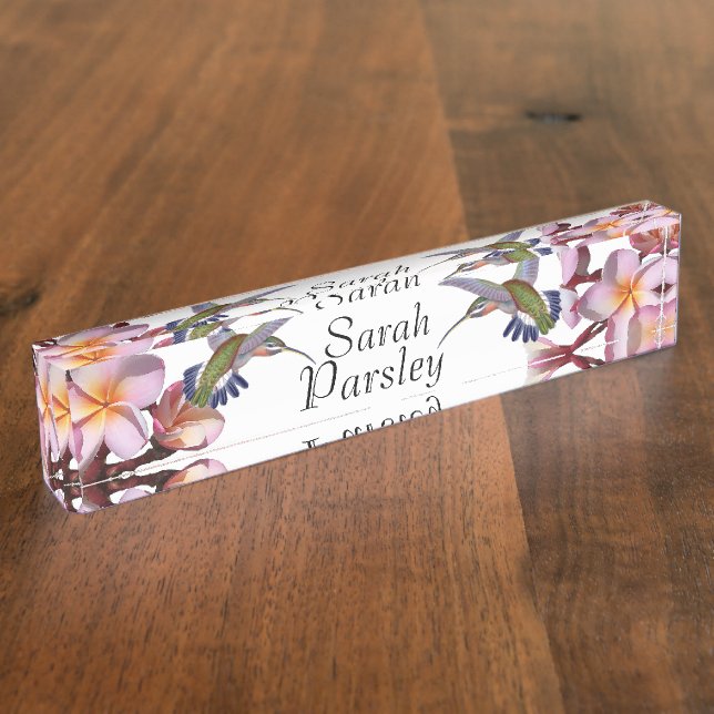 Hummingbird Birds Plumeria Flowers Floral Desk Name Plate (Side)