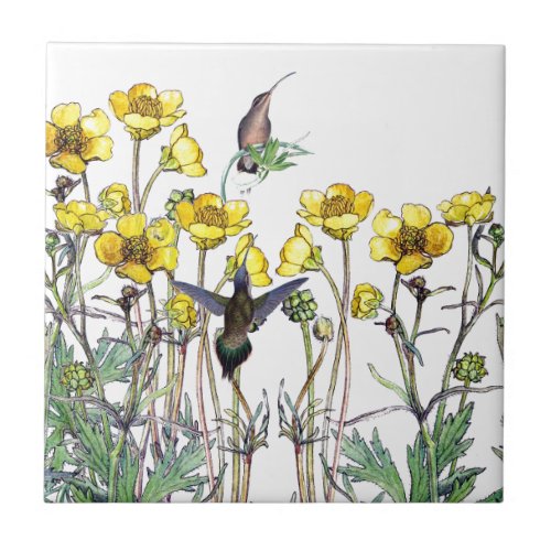 Hummingbird Birds Ranunculus Flowers Tile