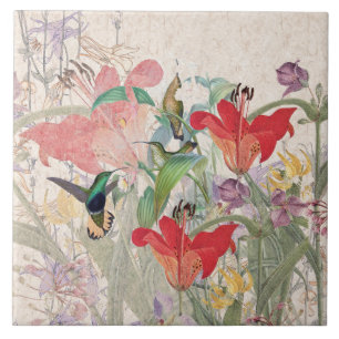 Hummingbird Birds Red Lily Columbine Flowers Tile