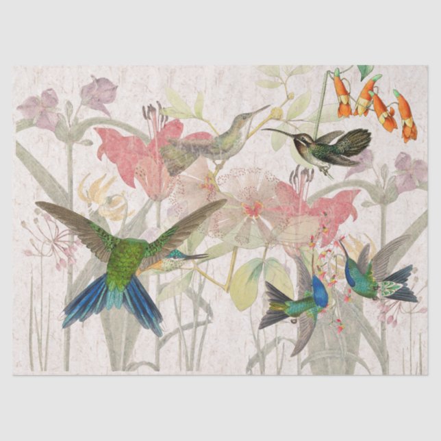 Hummingbird Birds Red Lily Flowers Tissue Paper (Front)