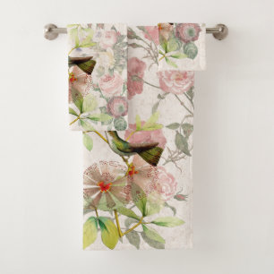 Hummingbird Birds Rose Flowers Bath Towel Set