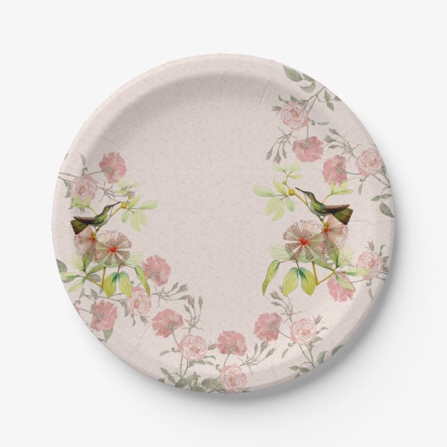 Hummingbird Birds Rose Rosebud Flowers Paper Plate (Front)