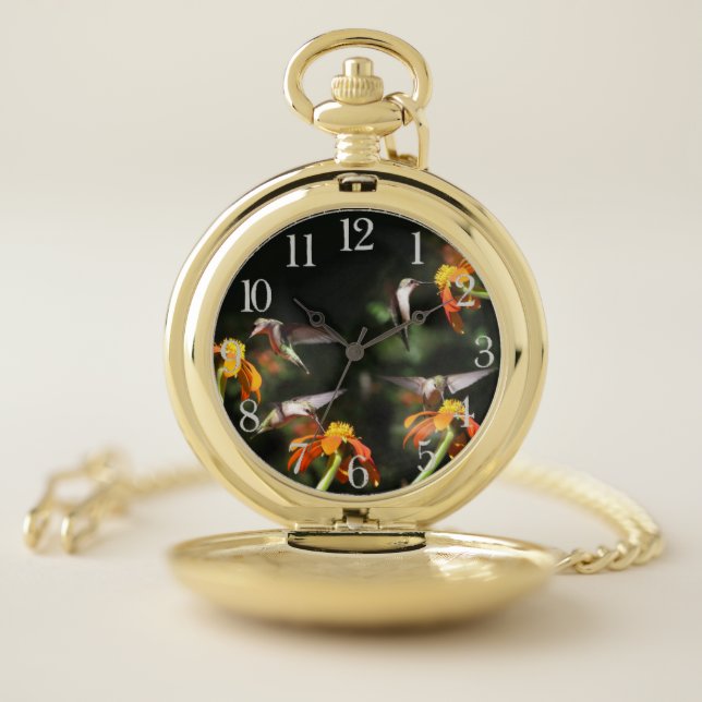 Hummingbird Birds Sunflower Flowers Pocket Watch (Inside)