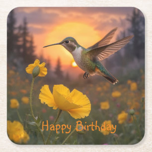 Hummingbird Birthday Square Paper Coaster