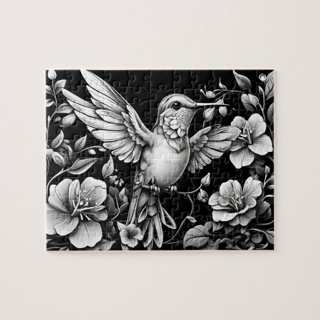 Hummingbird Black & White Tattoo Design  Jigsaw Puzzle (Horizontal)