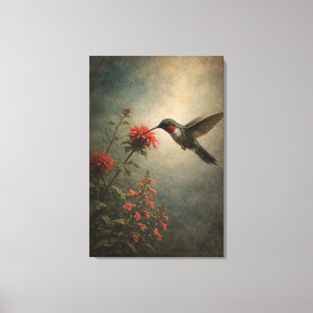 Hummingbird Bloom | Floral Bird Print | Stretched (Front)