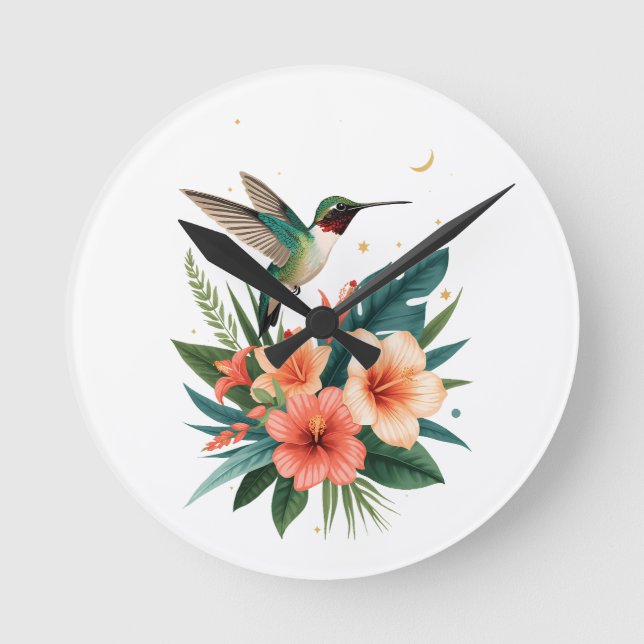 Hummingbird Bloom Tropical Wall Clock (Front)