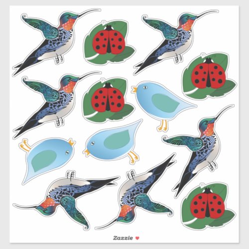 Hummingbird Blue Bird Ladybug Illustrations Sticker