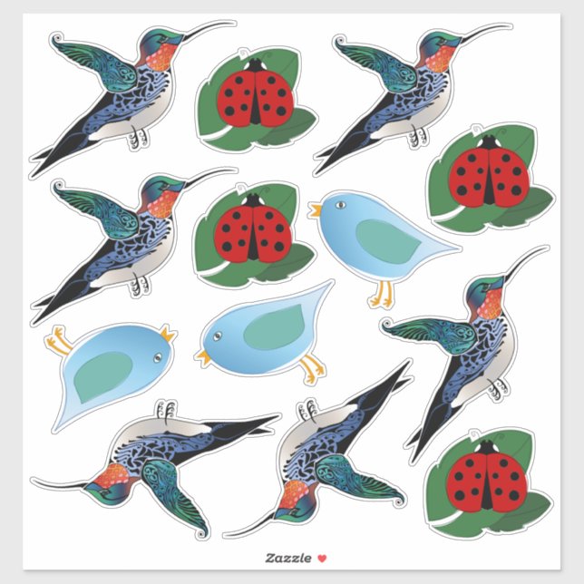 Hummingbird Blue Bird Ladybug Illustrations Sticker (Sheet)