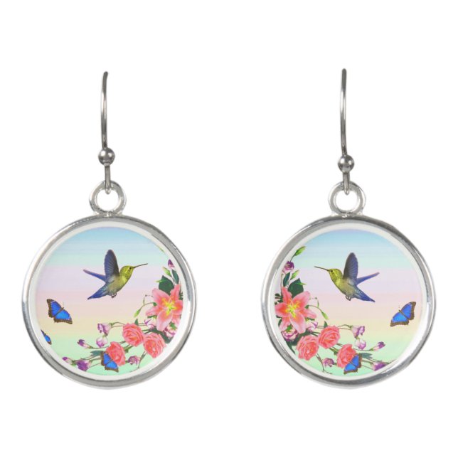 Hummingbird, blue butterfly & pink flowers earrings (Front)