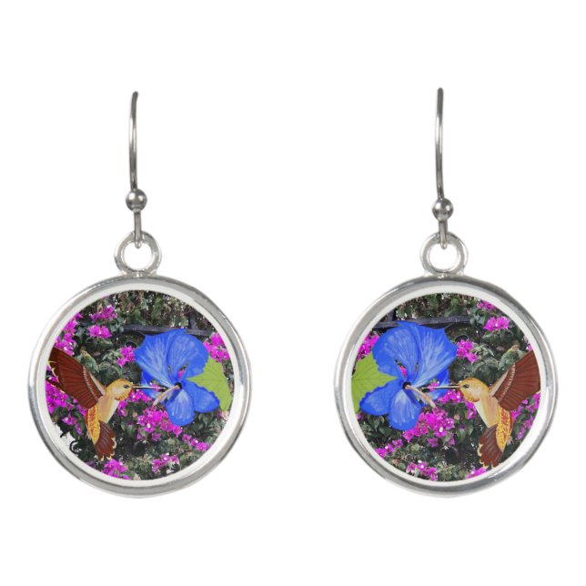 Hummingbird, Blue Hibiscus, & Bougainvillea Earrings (Front)