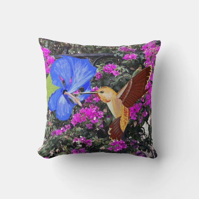 Hummingbird, Blue Hibiscus, & Bougainvillea Throw Pillow (Front)