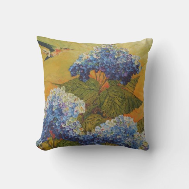 Hummingbird & Blue Hydrangea Throw Pillow (Front)