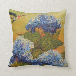 Hummingbird & Blue Hydrangea Throw Pillow