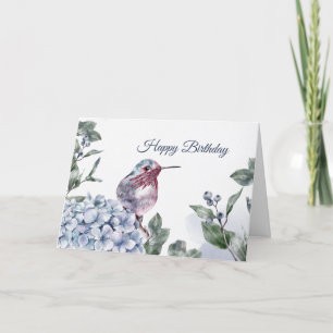 Hummingbird Blue Hydrangea Watercolor Birthday Card