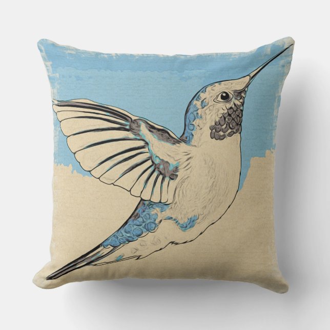 Hummingbird Blue Tan Throw Pillow (Front)