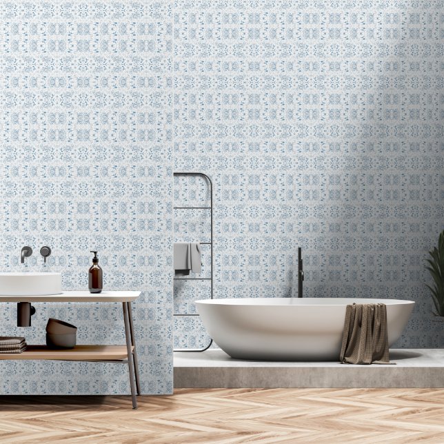Hummingbird Blue Toile Wallpaper (Bathroom)