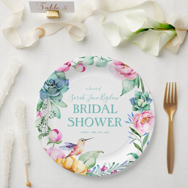 Hummingbird Boho Bridal Shower Paper Plates (Wedding)