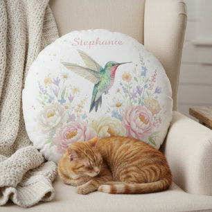 Hummingbird Botanical Cottagecore Birthday Round Pillow