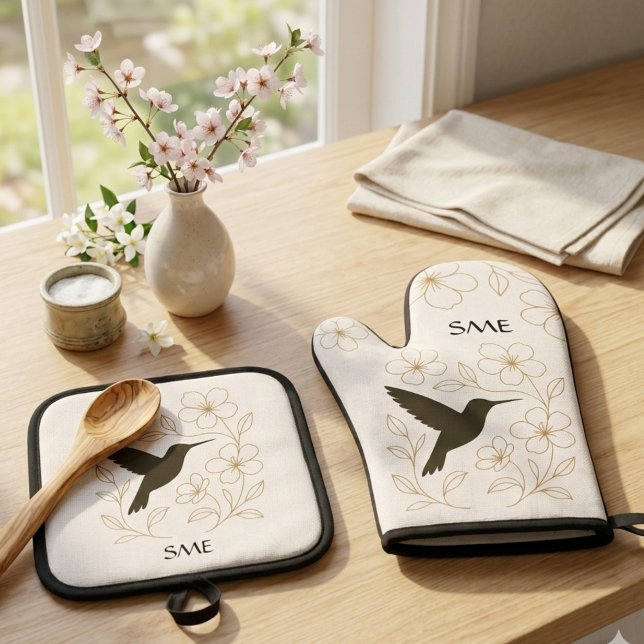 Hummingbird Botanical Personalized Kitchen Oven Mitt & Pot Holder Set (Botanical hummingbird kitchen oven mitt pot holder set)