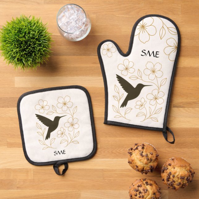 Hummingbird Botanical Personalized Kitchen Oven Mitt & Pot Holder Set (Top Down)