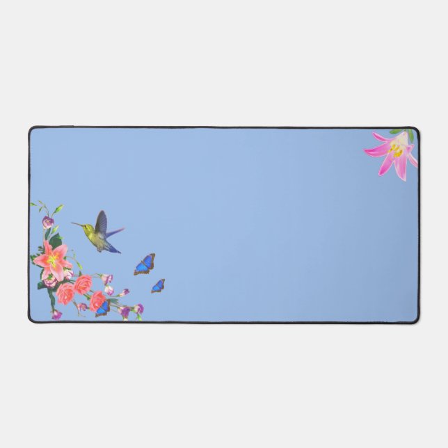 Hummingbird, Butterflies & Flowers on Light Blue Desk Mat (Front)