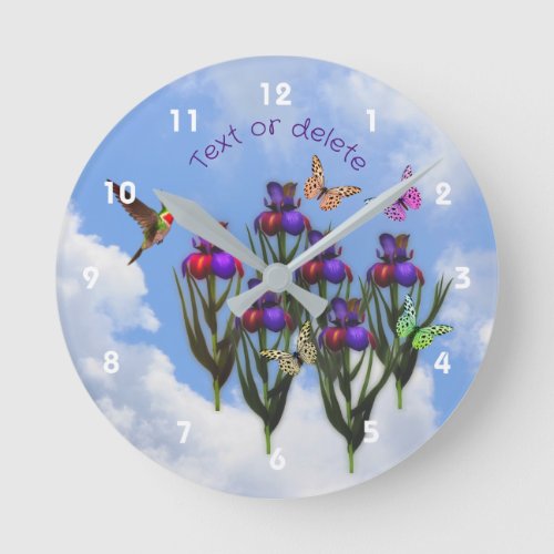 Hummingbird Butterflies Iris Flowers Personalized  Round Clock
