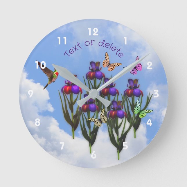 Hummingbird Butterflies Iris Flowers Personalized  Round Clock (Front)