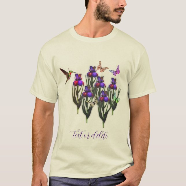 Hummingbird Butterflies Iris Flowers Personalized T-Shirt (Front)