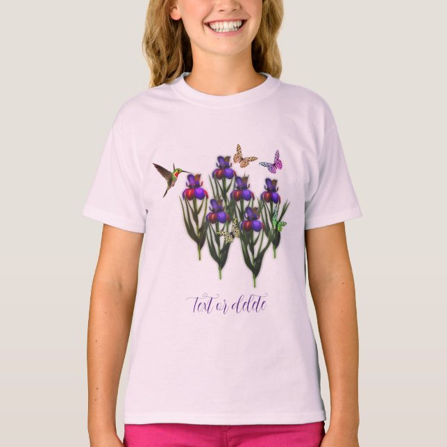 Hummingbird Butterflies Iris Flowers Personalized T-Shirt (Front)