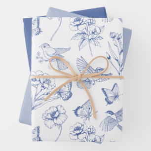 Hummingbird & Butterfly Floral Toile Blue Wrapping Paper Sheets