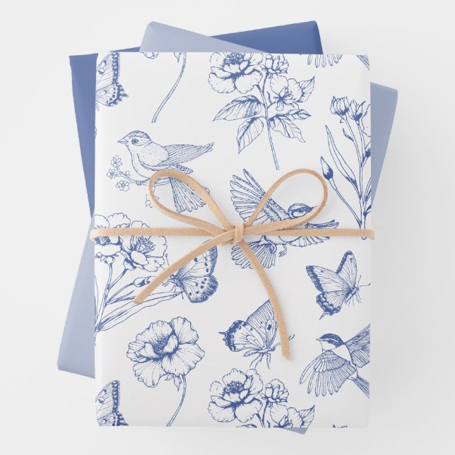 Hummingbird & Butterfly Floral Toile Blue Wrapping Paper Sheets (In situ)