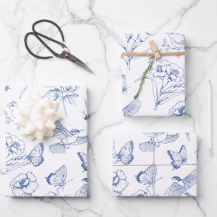 Hummingbird & Butterfly Floral Toile Blue Wrapping Paper Sheets