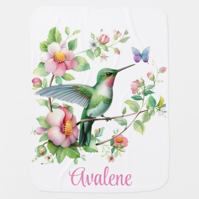 Hummingbird & Butterfly Girl Baby Shower Gift Baby Blanket (Front)