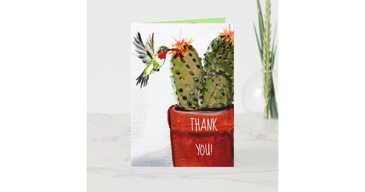Hummingbird Cactus Flower Pot Painting Thank You Card Zazzle