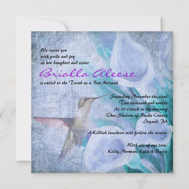 HUMMINGBIRD & CALLA LILY Bat Mitzvah Invitation (Front)