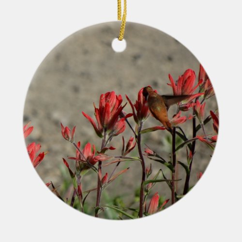 Hummingbird cardinal flowers ceramic ornament