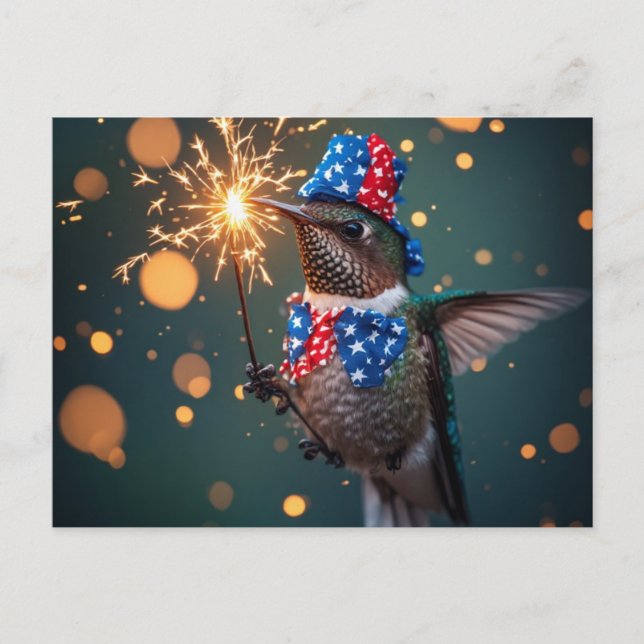 Hummingbird Celebrating Fourth of July Postcard (Front)