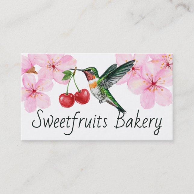 Hummingbird cherries baking bakery pastry chef business card (Front)