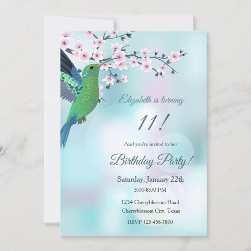Hummingbird Cherry Blossom Birthday Invitation