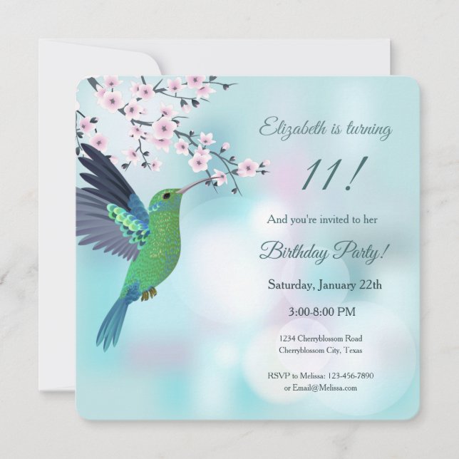 Hummingbird Cherry Blossom Birthday Invitation (Front)
