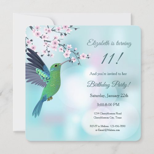 Hummingbird Cherry Blossom Birthday Invitation