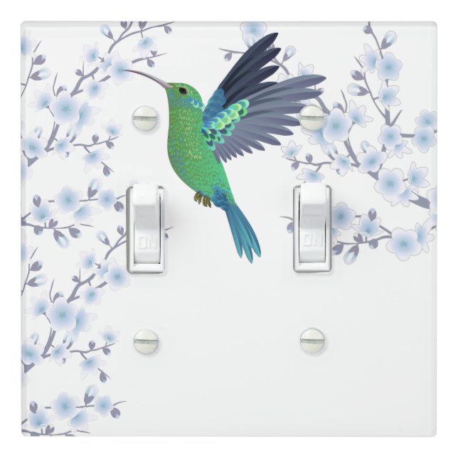  Hummingbird Cherry Blossoms Blue White Light Switch Cover (In Situ)